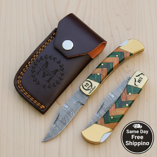 Damascus Steel Pocket Knife | Custom Engraved Blade, Leather Sheath, Ideal Gift for Groomsmen, Collectors & Outdoor Lovers