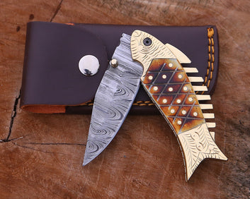 Handmade Damascus Steel Fish Pocket Knife Bone Handle with Leather Sheath, Personalized Gift for Him